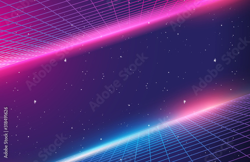80s Retro Sci-Fi Background, Retro Futuristic Grid landscape of the 80`s. Digital Cyber Surface. Suitable for design in the style of the 1980`s Vector illustration
