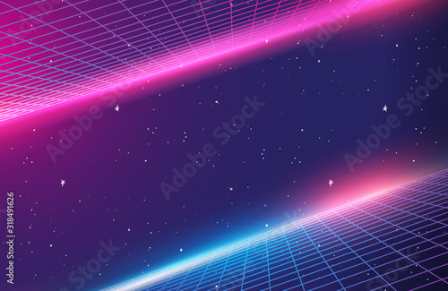 80s Retro Sci-Fi Background, Retro Futuristic Grid landscape of the 80`s.  Digital Cyber Surface. Suitable for design in the style of the 1980`s Vector illustration