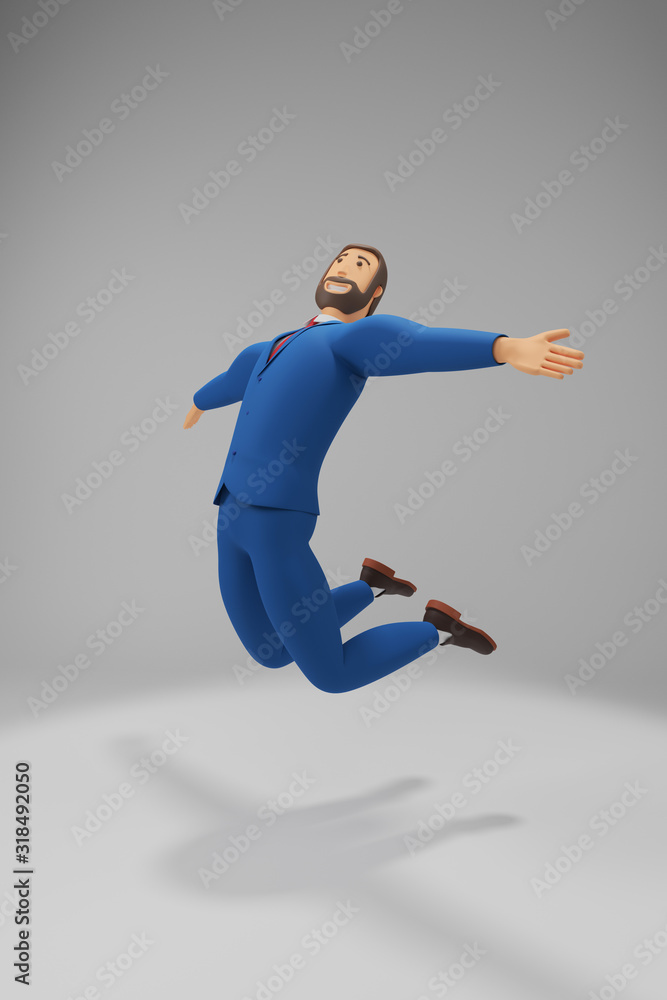 Cartoon character, businessman in suit rejoices and bounces. Concept success in a startup. 3d rendering