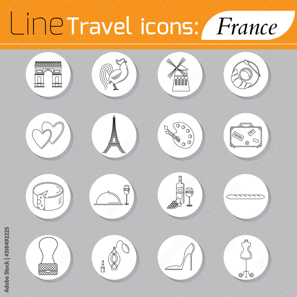 Travel - web line icon set. Attractions, food and culture of France.