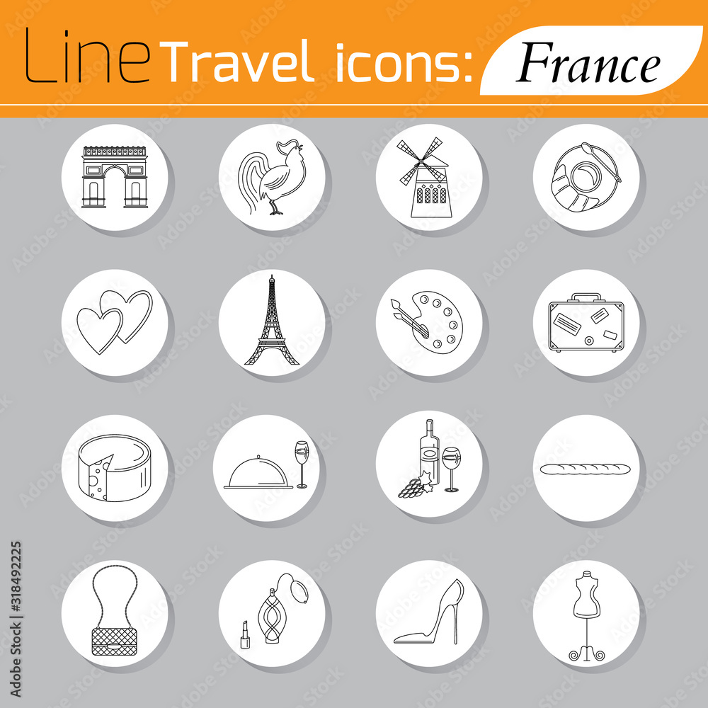 Travel - web line icon set. Attractions, food and culture of France. Travel - web line icon set. Attractions, food and culture of France.