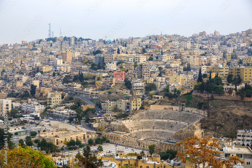View at the Roman Theatre from the Citeadel in Amman, Jordan
