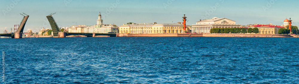 Panorama of the drawn Palace Bridge in the city of St. Petersburg in clear day.