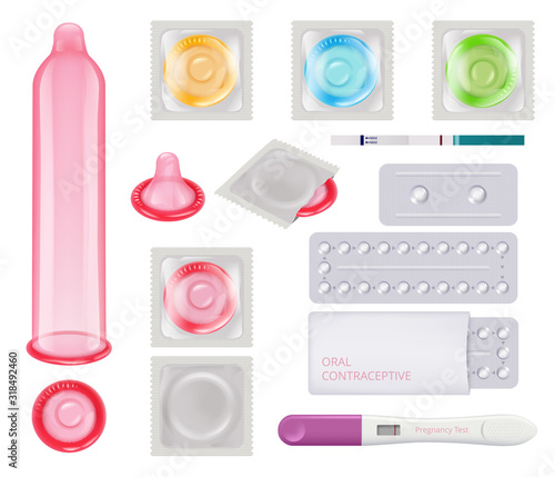 Contraceptive. Condoms female pregnancy test ovulation calendar pills contraception methods vector realistic pictures. Condom packaging, pack protection, package contraceptive illustration