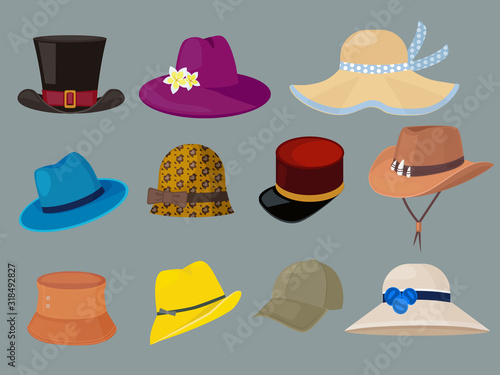 Hats. Fashion clothes for stylish man and woman wardrobe vector cartoon set. Hats modern woman, hipster type wardrobe for female illustration