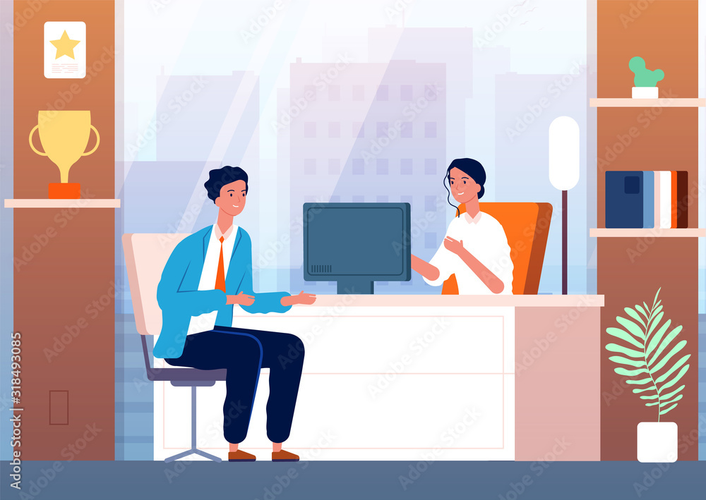 Businessman interview. Male character in boss cabinet recruitment person vector people. Interview employee, hiring job, office manager recruitment illustration Businessman interview. Male character in boss cabinet recruitment person vector people. Interview employee, hiring job, office manager recruitment illustration