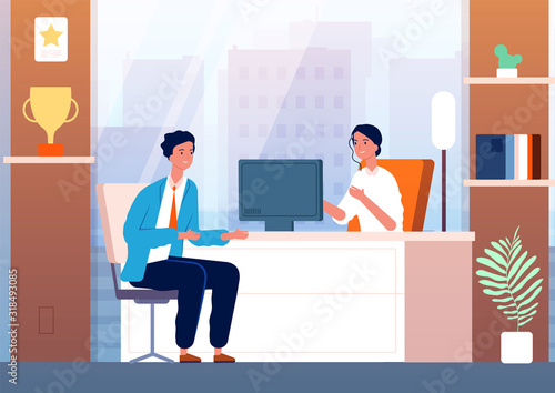 Businessman interview. Male character in boss cabinet recruitment person vector people. Interview employee, hiring job, office manager recruitment illustration
