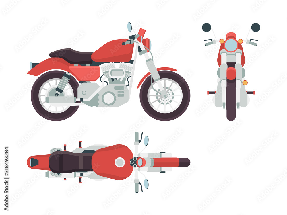 Fototapeta Widok z boku motocykla. Cykl transportu wolności moto trasa stylizacja pojazdu 1950 wektor płaskie zdjęcia. Ilustracja modelu motocykla i moto chopper