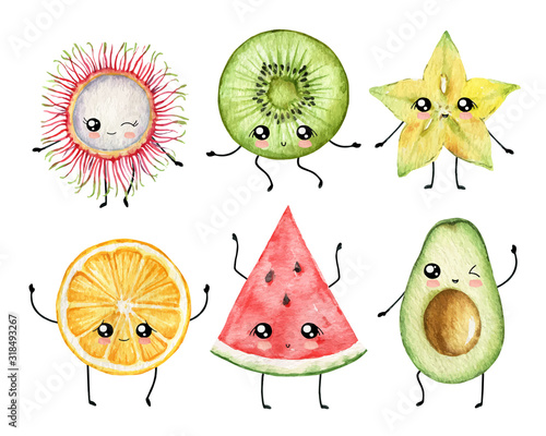 Watercolor vector cartoon fruit slices in the style of kawaii.