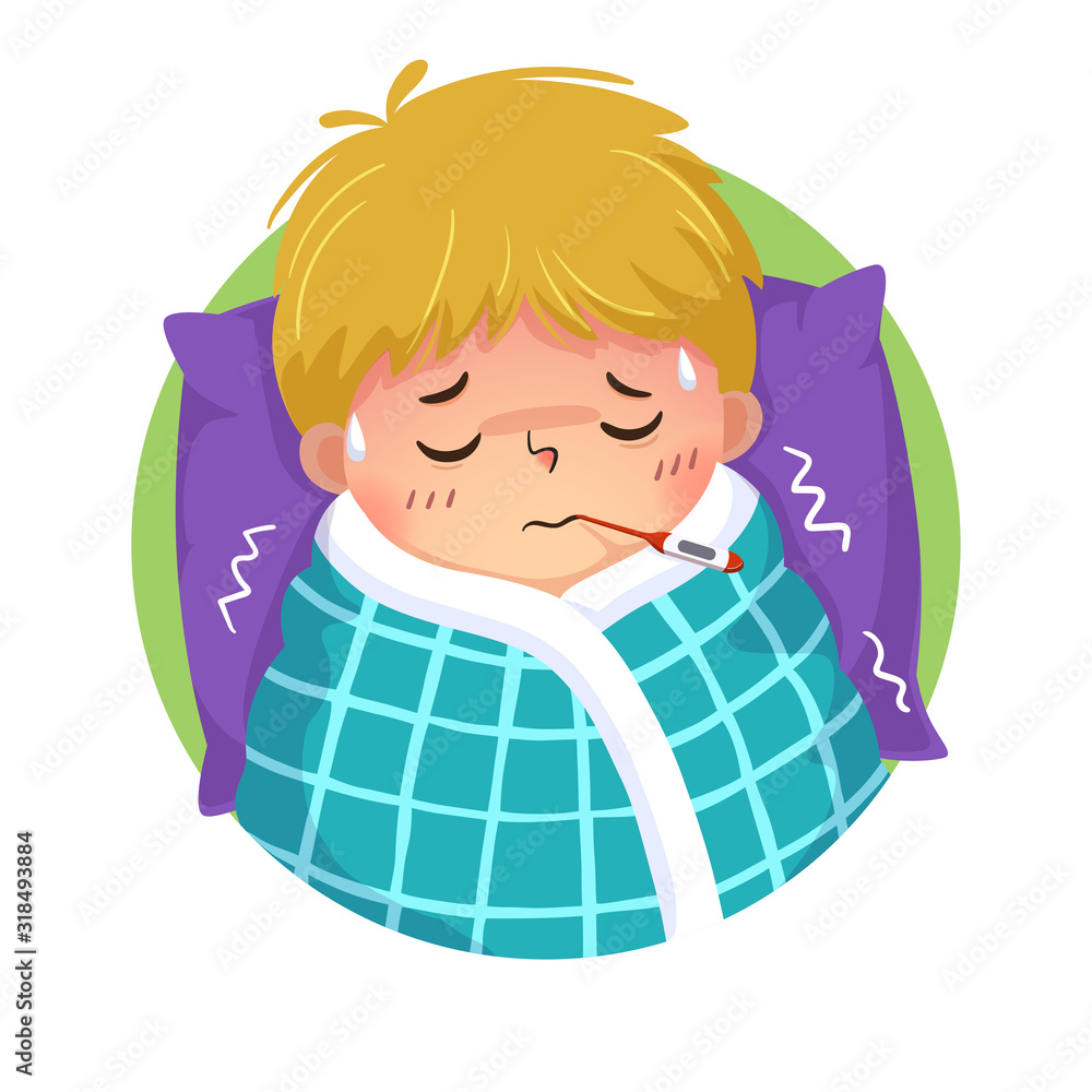 Vector illustration of cartoon boy having cold and fever with a thermometer  in his mouth in bed at home. Health Problems concept. Stock Vector | Adobe  Stock