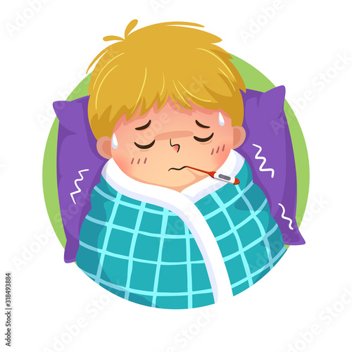 Vector illustration of cartoon boy having cold and fever with a thermometer in his mouth in bed at home. Health Problems concept.
