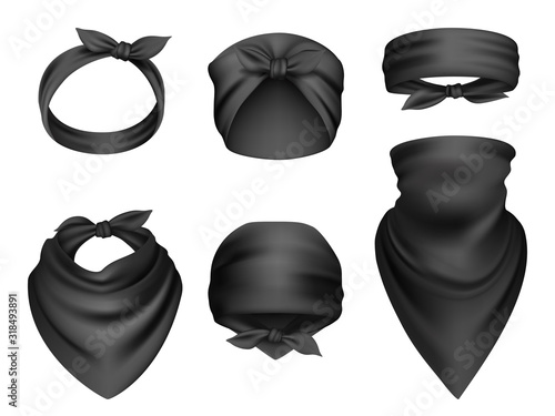 Headbands realistic. Sport clothes for head and neck biker travel bandanas gangsta fashion items scarf vector template. Scarf gangster, motorcycle bandana, clothing forehead illustration