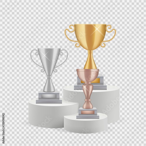 Trophy on podium. Golden, silver and bronze cups isolated on transparent background. Awards vector set. Illustration winner podium sport