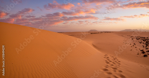 Sand dunes in the National Park of Dunas de Corralejo during a beautiful sunset, Canary Islands - Fuerteventura photo