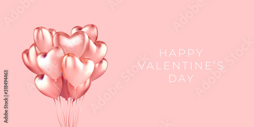 A bunch of heart shaped helium balloons realistic on a horizontal banner