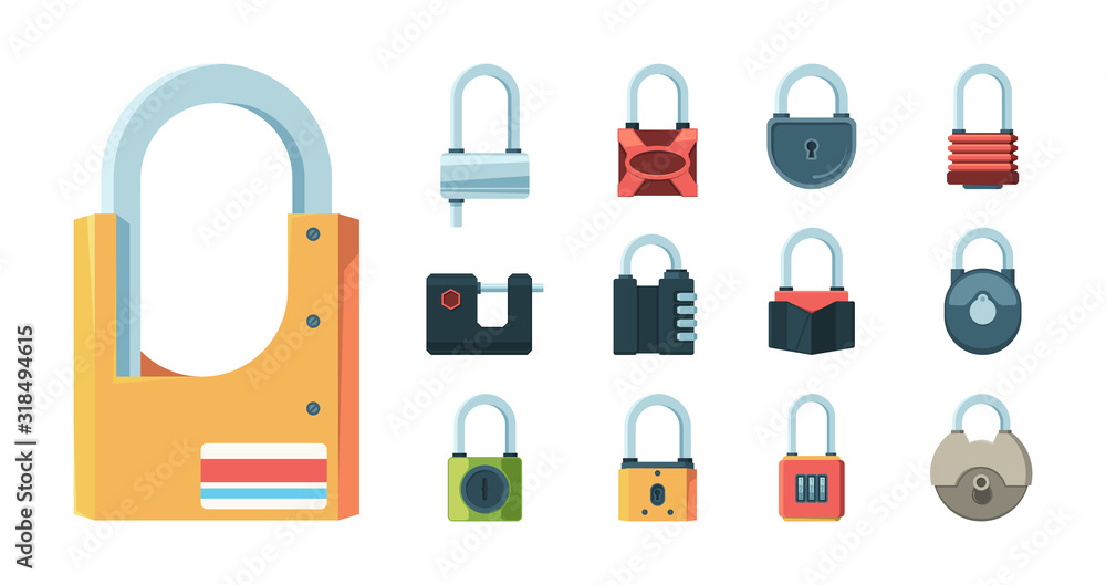 Lock set. Padlock key prison secret code door symbols vector flat illustrations isolated. Padlock protection, security equipment set Lock set. Padlock key prison secret code door symbols vector flat illustrations isolated. Padlock protection, security equipment set