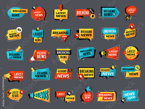 News announcements badges. Price down sales shop discount megaphone symbols vector promo set. News media information, megaphone breaking announcement illustration