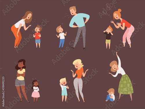 Scold children. Kids crying parents father and mother sad expression reaction vector cartoon characters. Naughty kids and discipline, child emotion illustration