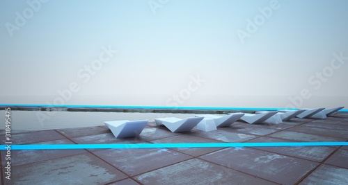 Abstract architectural concrete and rusted metal of a modern villa with colored neon lighting. 3D illustration and rendering. © SERGEYMANSUROV