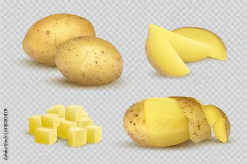 Potatoes realistic. Fresh natural eco vegetarian food slices of potatoes vector template. Vegetable potato, vegetarian product ingredient illustration