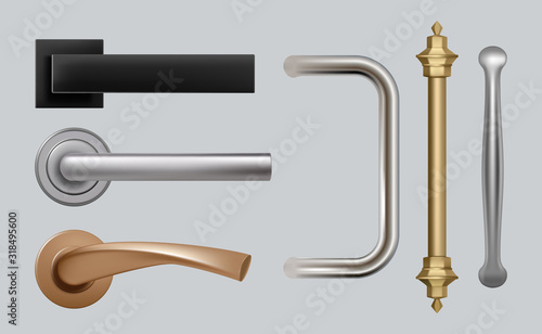 Doors handles. Modern detailed high quality vector pictures steel metal handles for furniture. Handle door collection realistic, classical detailed illustration