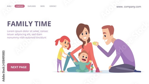 Family time. Cute cartoon parents and children. Happy girl, baby, mother and father. Parenthood vector landing page. Cartoon wife and husband with children illustration