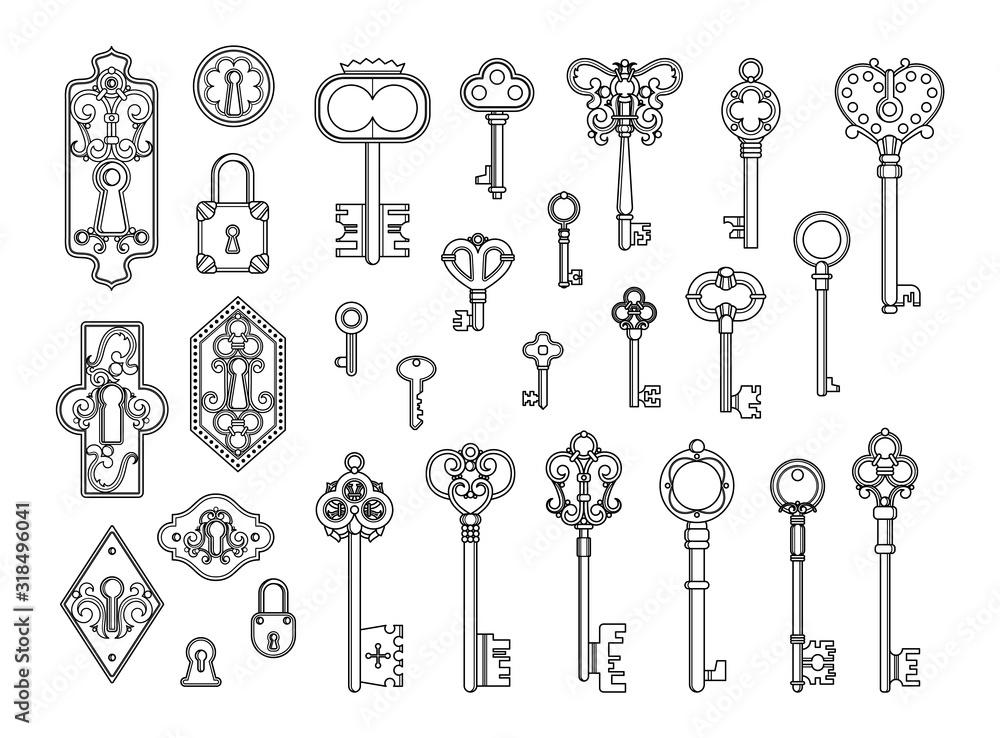 Vintage locks and keys. Sketch keyhole, victorian style padlock. Medieval  or antique door hole, old decor security elements vector collection.  Illustration lock and key, keyhole antique sketch Stock Vector