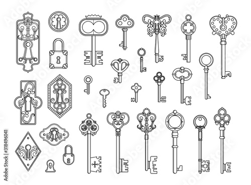 Vintage locks and keys. Sketch keyhole, victorian style padlock. Medieval or antique door hole, old decor security elements vector collection. Illustration lock and key, keyhole antique sketch