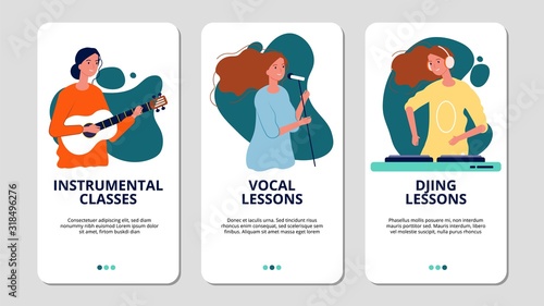 Music school web banners. Vocal, instrumental and DJ courses. Girls sing and play guitar vector flyers. Musical sound banner, vocal and dj illustration