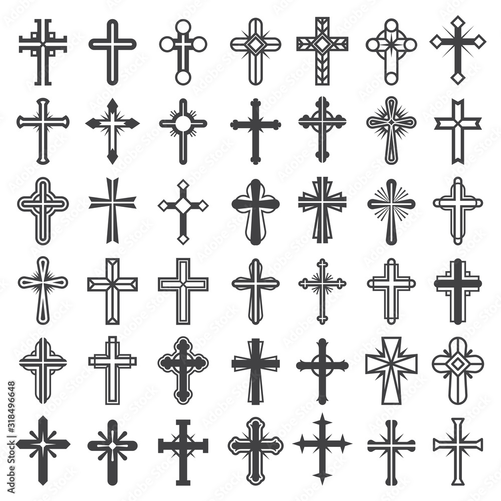 Religion cross symbols. Christians catholicism icons tribal vector collection peace jesus pictures. Cross spirituality, catholicism believe, christianity religious illustration