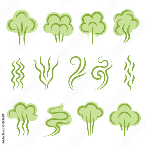 Smell symbols. Aromas steam lines clouds vapour shapes scent odour vector graphic set. Illustration odor and smell, cloud green scent