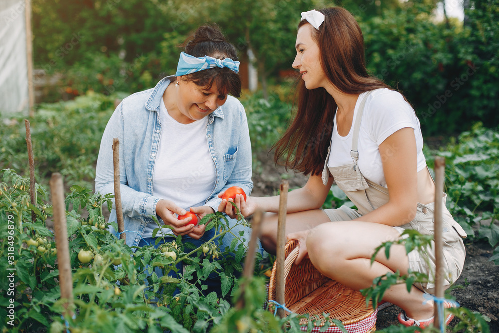 Women works in a garden. Mother with adult daughter near home