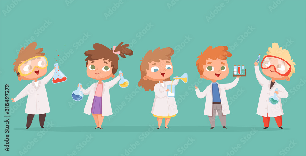 Chemistry kids. Science children school characters in lab vector ...