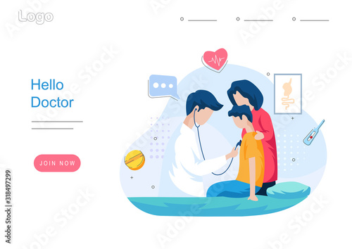Doctor examining child accompanied his mom vector concept illustration. can use  for landing page, ui , template, mobile apps, poster