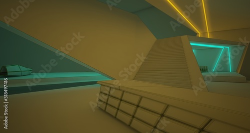 Abstract drawing architectural white interior of a minimalist house with colored neon lighting. 3D illustration and rendering.