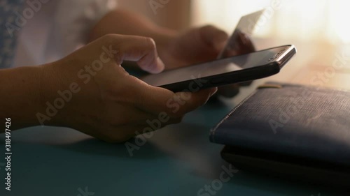 Woman shopping online at home with credit card, Online banking with smart phone, Easy pay using smart phone or digital device.