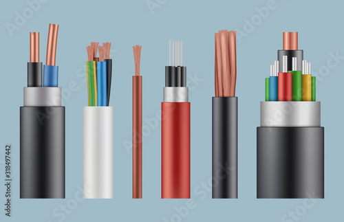 Optical cables. Wire fiber cord structure electrical line wicker vector realistic template. Illustration fiber cord, complex power optical wire