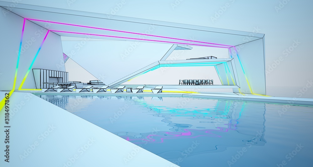 Obraz premium Abstract drawing architectural white interior of a modern villa on the sea with colored neon lighting. 3D illustration and rendering.