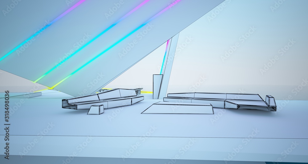 Abstract drawing architectural white interior of a modern villa on the sea with colored neon lighting. 3D illustration and rendering. Abstract drawing architectural white interior of a modern villa on the sea with colored neon lighting. 3D illustration and rendering.