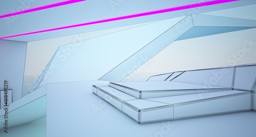 Abstract drawing architectural white interior of a modern villa on the sea with colored neon lighting. 3D illustration and rendering.