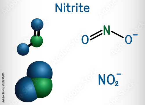 Nitrite anion, NO2- molecule. Structural chemical formula and molecule model photo