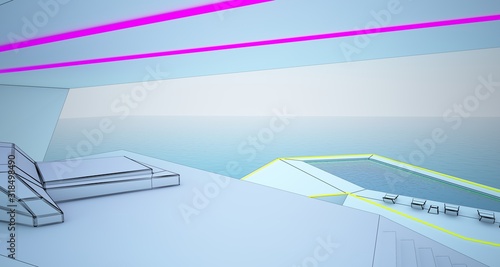 Abstract drawing architectural white interior of a modern villa on the sea with colored neon lighting. 3D illustration and rendering.