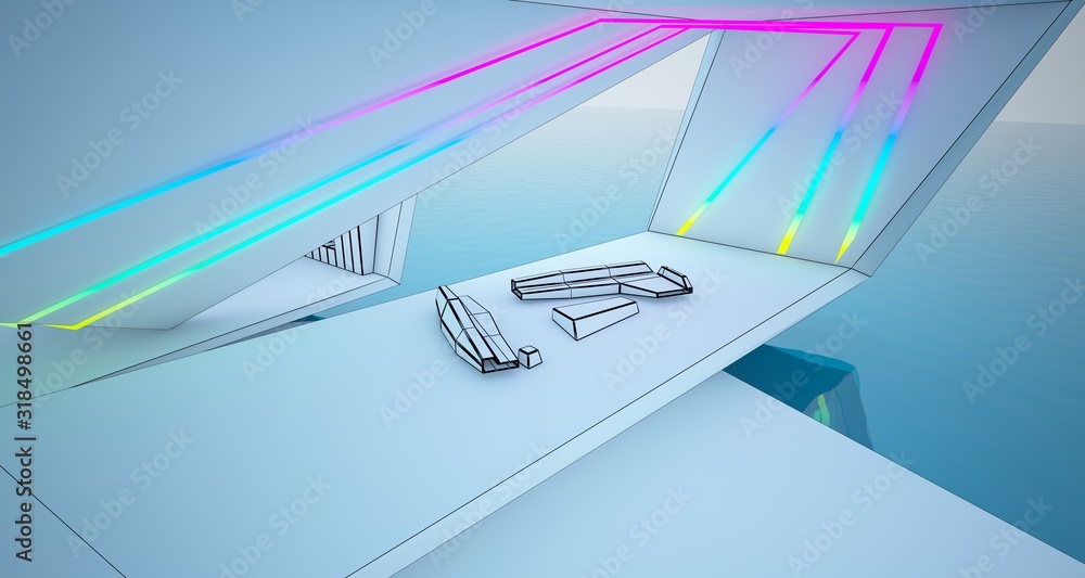 Abstract drawing architectural white interior of a modern villa on the sea with colored neon lighting. 3D illustration and rendering. Abstract drawing architectural white interior of a modern villa on the sea with colored neon lighting. 3D illustration and rendering.