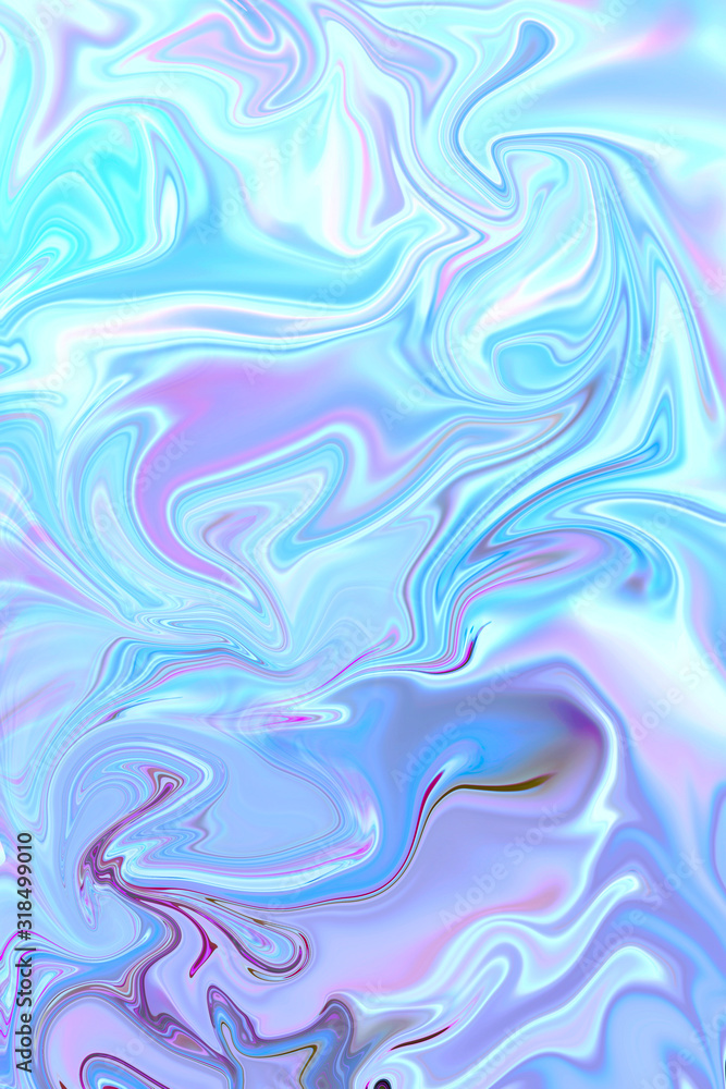 Luxury art in fluid style. Neon blue swirl, artistic design. Painter uses vibrant paints to create these magic art, with addition magenta and purple waves. Liquid metal background.