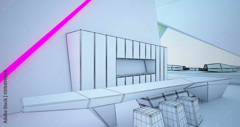 Abstract drawing architectural white interior of a modern villa on the sea with colored neon lighting. 3D illustration and rendering. Abstract drawing architectural white interior of a modern villa on the sea with colored neon lighting. 3D illustration and rendering.