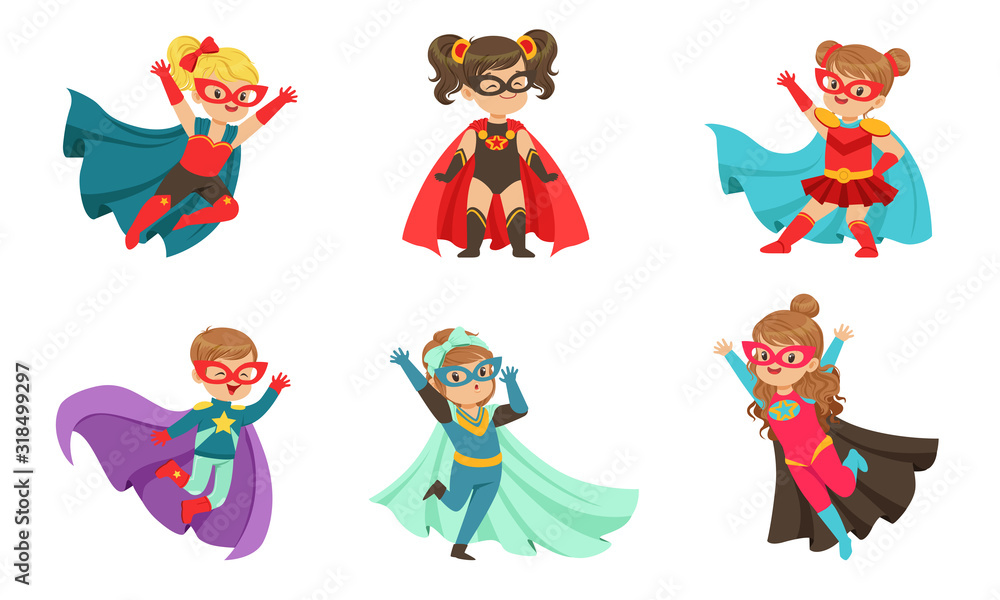 Kid Superheroes Collection, Cute Little Boys and Girls Wearing Colorful Comics Costumes, Birthday Party, Festival Design Element Vector Illustration