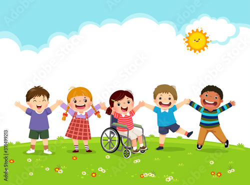 Vector illustration of happy disabled girl in a wheelchair and her friends jumping together.