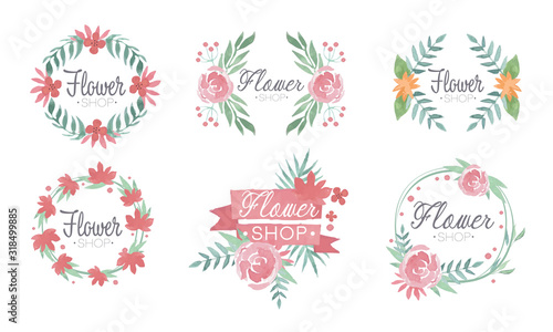 Flower Shop Logo Templates Set, Florist Boutique Badges of Pink Colors Vector Illustration