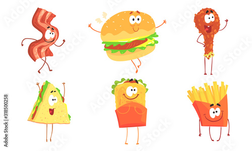 Funny Fast Food Collection Ham Slice, Burger, Chicken Drumstick, Shawarma, Sandwich, French Fries Cartoon Characters, Cafe or Restaurant Menu Design Element Vector Illustration