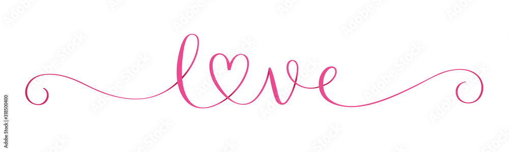 Wide pink vector LOVE brush calligraphy banner with heart - obrazy, fototapety, plakaty 